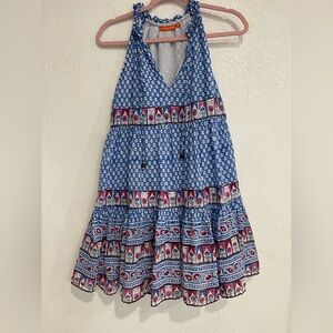 Oliphant Blue Printed Tiered Halter Dress with Red Accents